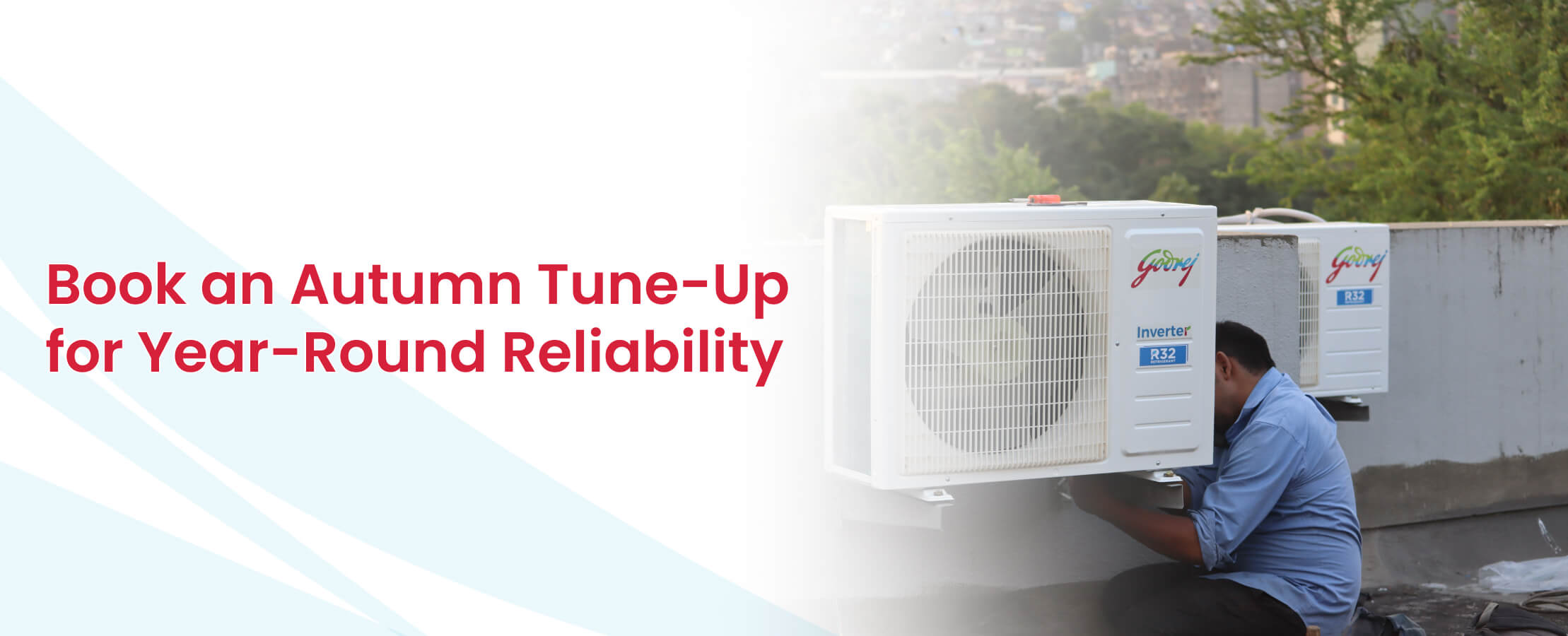 Roze Air technician inspecting outdoor AC unit, Autumn Tune-Up for year-round reliability.